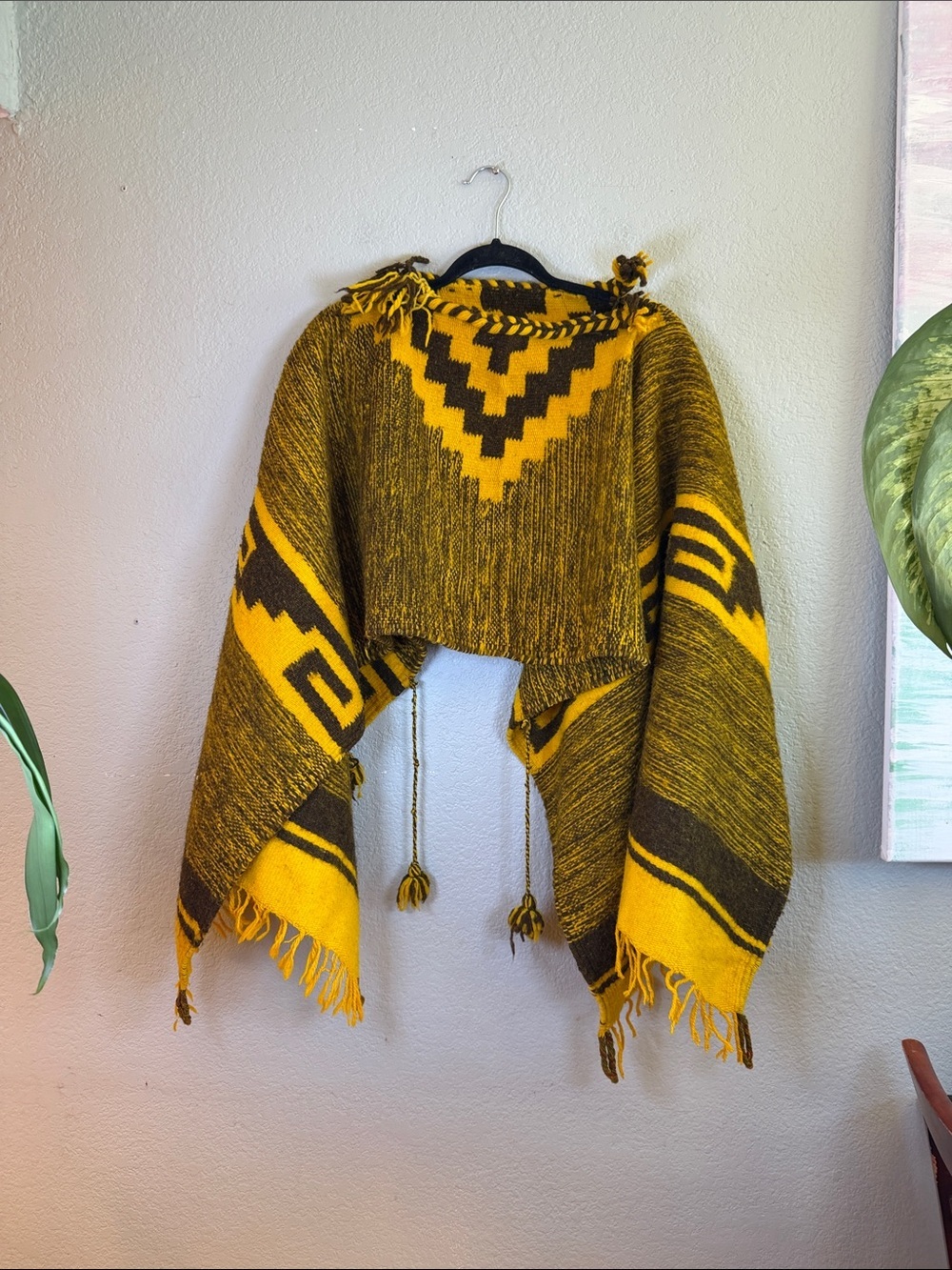 Vintage Handknit Yellow Brown Hippie Tribal Bohemian Wool Poncho